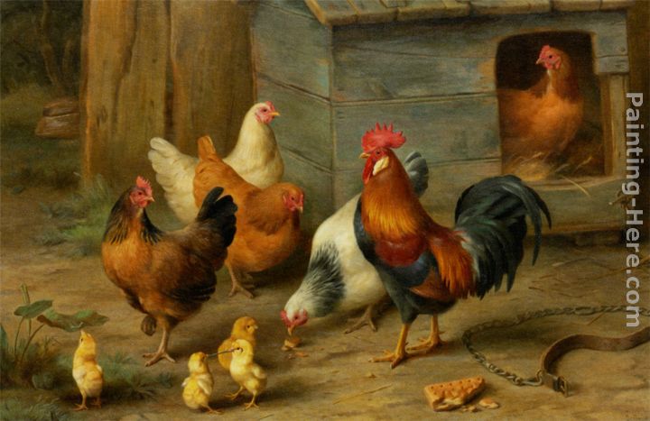 A Cockerel with Chickens painting - Edgar Hunt A Cockerel with Chickens art painting